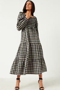 HY5253 BLACK Womens Gingham Smocked Bodice Square Neck Long Sleeve Maxi Dress Detail