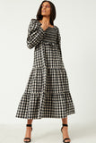 HY5253 BLACK Womens Gingham Smocked Bodice Square Neck Long Sleeve Maxi Dress Detail