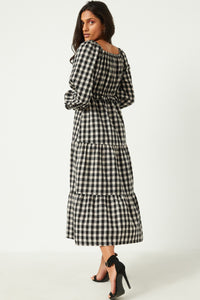 HY5253 BLACK Womens Gingham Smocked Bodice Square Neck Long Sleeve Maxi Dress Side