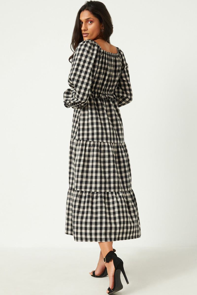 HY5253 BLACK Womens Gingham Smocked Bodice Square Neck Long Sleeve Maxi Dress Side