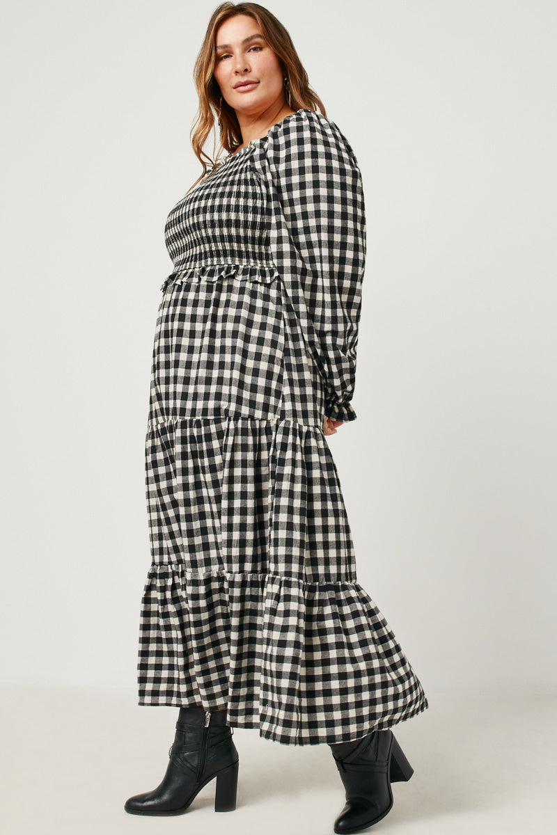 Gingham Print Square Neck Long Sleeve Maxi Dress