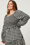 HY5253 BLACK Womens Gingham Smocked Bodice Square Neck Long Sleeve Maxi Dress Detail