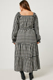HY5253 BLACK Womens Gingham Smocked Bodice Square Neck Long Sleeve Maxi Dress Side