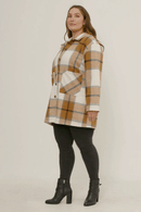 HY5257W CAMEL Plus Plaid Button Up Patch Pocket Coat Full Body