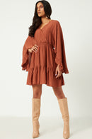 HY5272W Brick Plus Exaggerated Open Ruffled Dolman Sleeve Dress Side