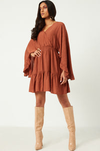 HY5272W Brick Plus Exaggerated Open Ruffled Dolman Sleeve Dress Side