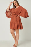 HY5272 BRICK Womens Exaggerated Open Ruffled Dolman Sleeve Dress
