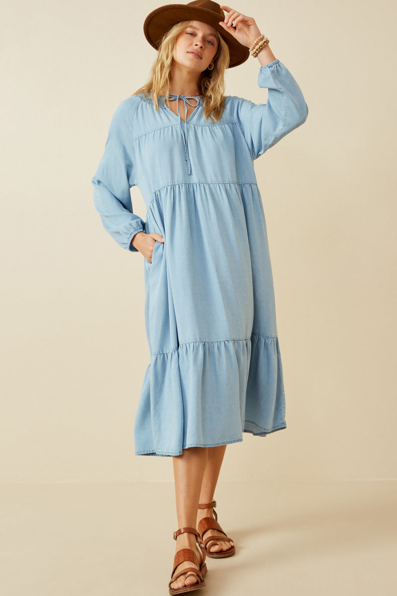 Smock Detail Tie Neck Long Sleeve Tencel Dress