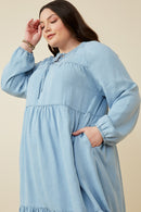 HY5348W DENIM Plus Smock Detail Tie Neck Long Sleeve Tencel Dress Detail