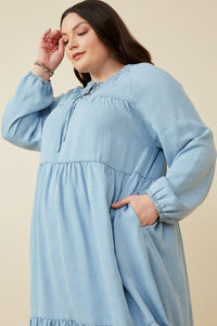 HY5348W DENIM Plus Smock Detail Tie Neck Long Sleeve Tencel Dress Detail
