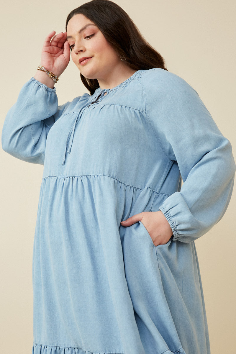 HY5348W DENIM Plus Smock Detail Tie Neck Long Sleeve Tencel Dress Detail