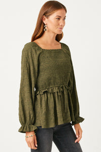 HY5366W Olive Plus Textured Polka Dot Smocked Bodice Tie Front Top Gif