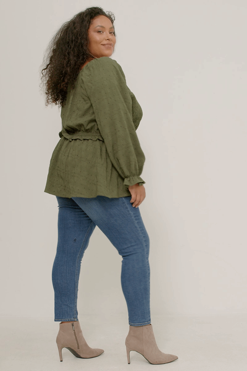 Textured Polka Dot Smocked Bodice Tie Front Top