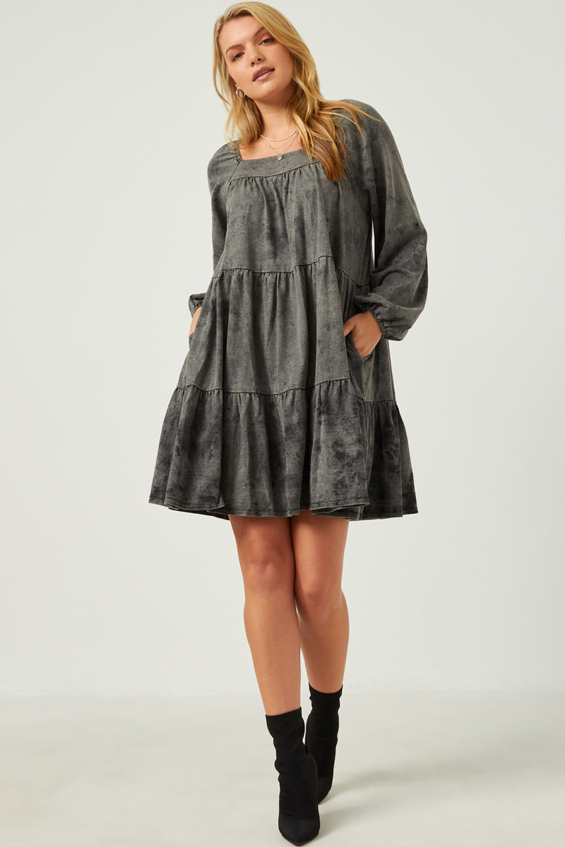 Long Sleeve Tiered Garment Washed Dress