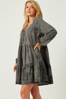 HY5379W BLACK Plus Long Sleeve Tiered Garment Washed Dress Side