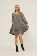 HY5379W BLACK Plus Long Sleeve Tiered Garment Washed Dress Full Body