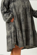 HY5379 BLACK Womens Long Sleeve Tiered Garment Washed Dress Side