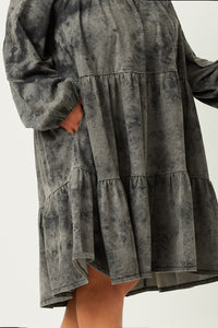 HY5379 BLACK Womens Long Sleeve Tiered Garment Washed Dress Side