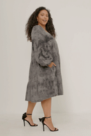 HY5379W BLACK Plus Long Sleeve Tiered Garment Washed Dress Full Body