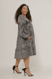 HY5379W BLACK Plus Long Sleeve Tiered Garment Washed Dress Full Body