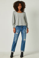 HY5418W Heather Grey Plus Square Neck Smocked Cuff Swiss Dot Knit Top Side