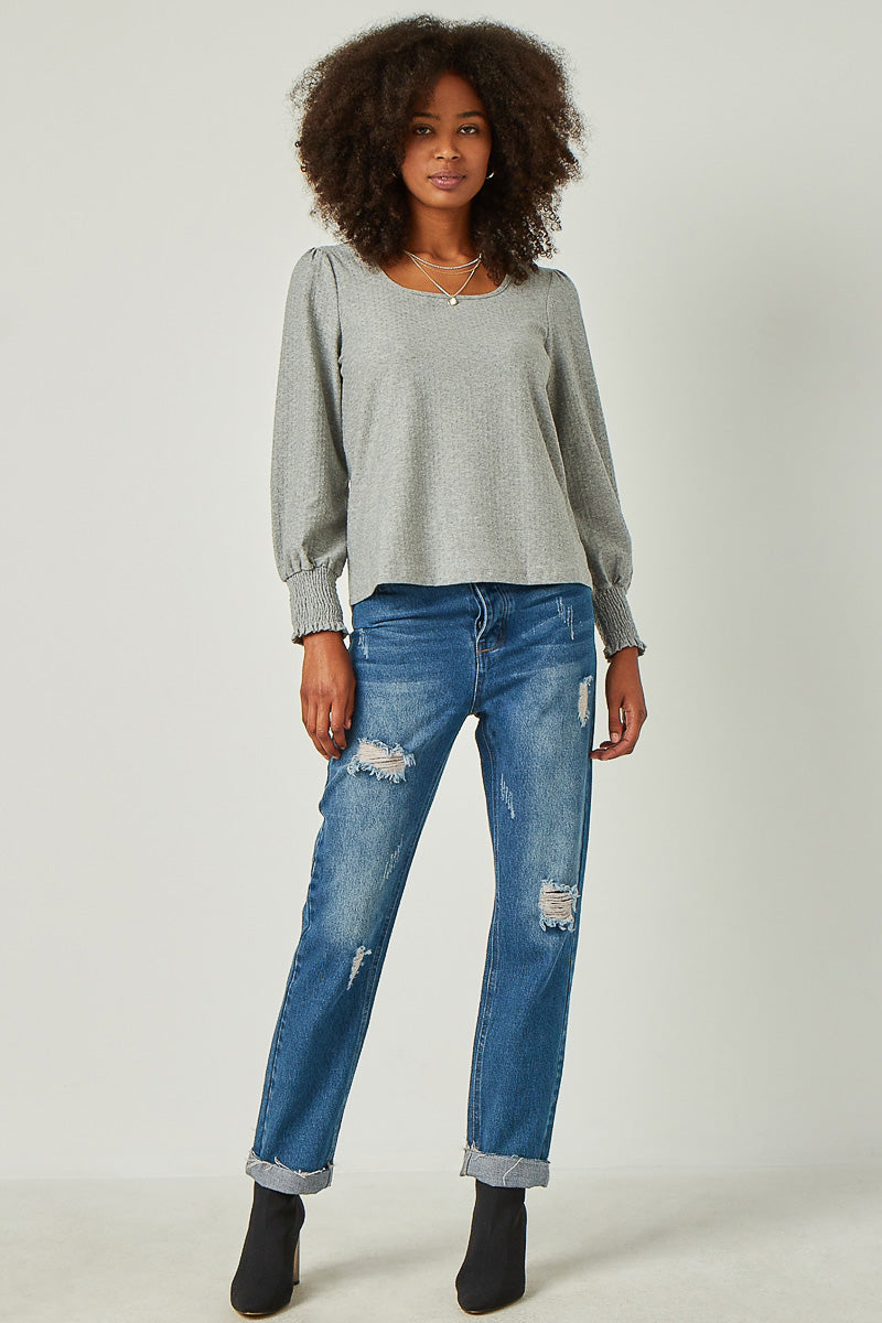 HY5418W Heather Grey Plus Square Neck Smocked Cuff Swiss Dot Knit Top Side