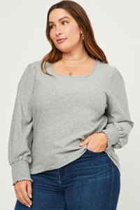 HY5418 HEATHER GREY Womens Square Neck Smocked Cuff Swiss Dot Knit Top