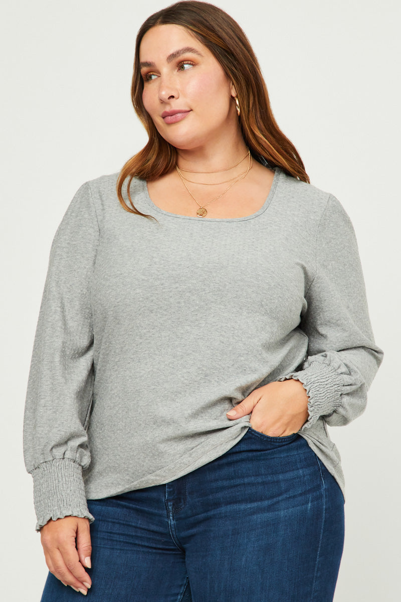 HY5418 HEATHER GREY Womens Square Neck Smocked Cuff Swiss Dot Knit Top