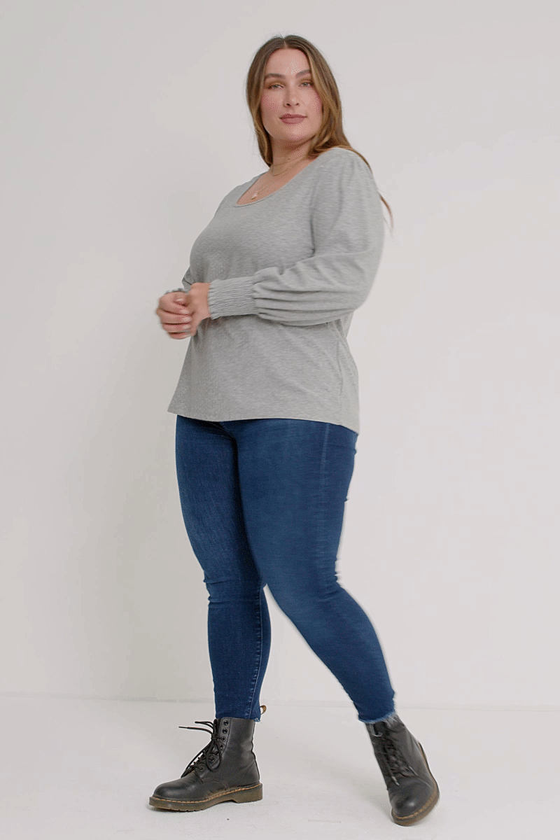 Square Neck Smocked Cuff Swiss Dot Knit Top