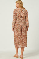 HY5426W BROWN Plus Pleated Skirt Floral Printed Dress Back