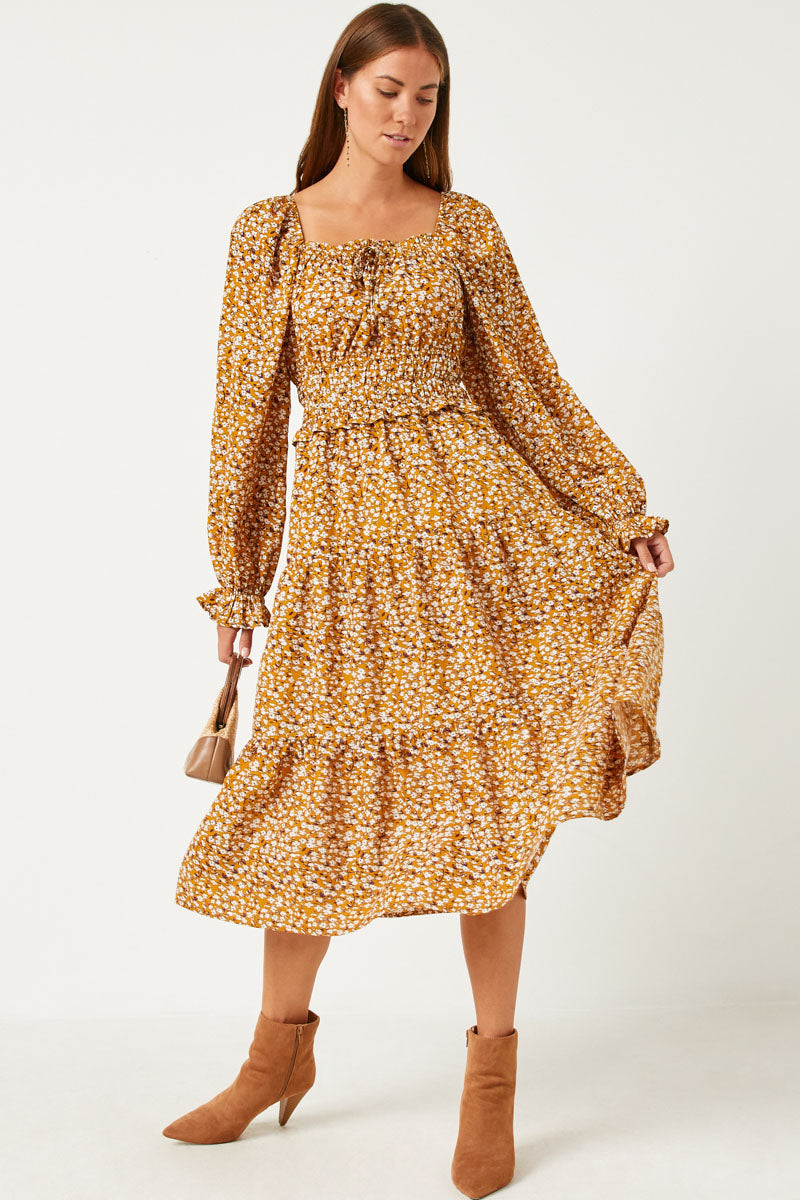 Womens Floral Midi Dresses with Sleeves
