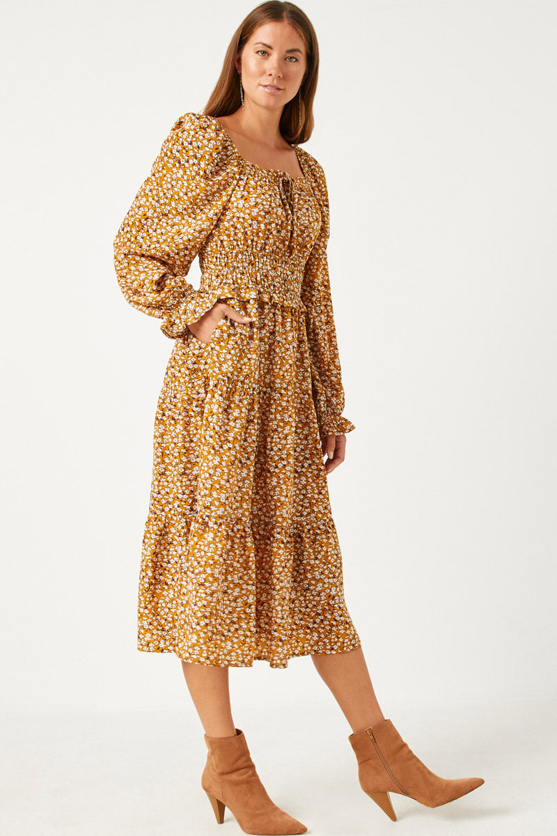 HY5441W Mustard Plus Smock Waist Square Neck Floral Midi Dress Gif