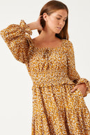 HY5441W MUSTARD Plus Smock Waist Square Neck Floral Midi Dress Detail