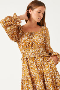 HY5441W MUSTARD Plus Smock Waist Square Neck Floral Midi Dress Detail