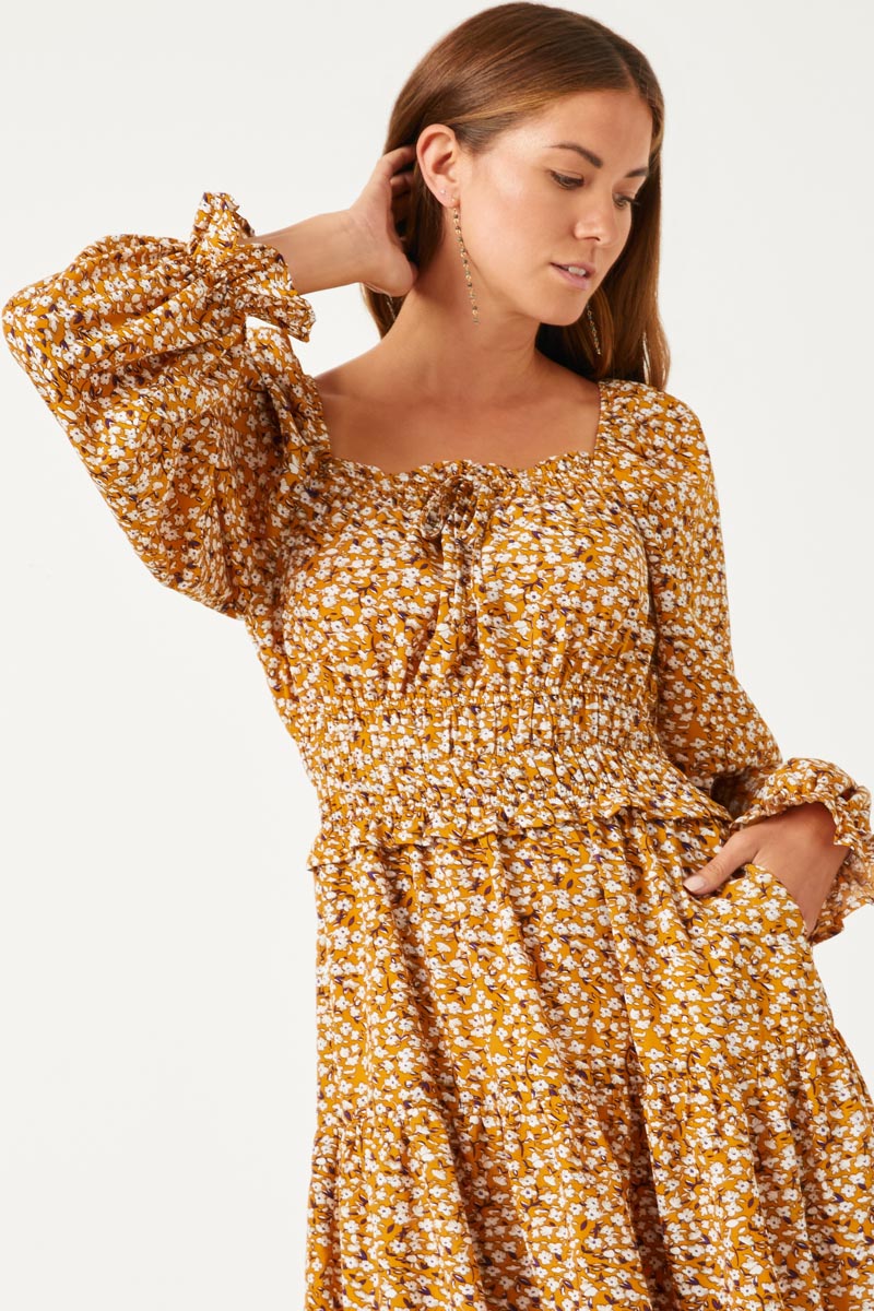 HY5441W MUSTARD Plus Smock Waist Square Neck Floral Midi Dress Detail