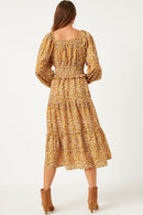 HY5441W MUSTARD Plus Smock Waist Square Neck Floral Midi Dress Back