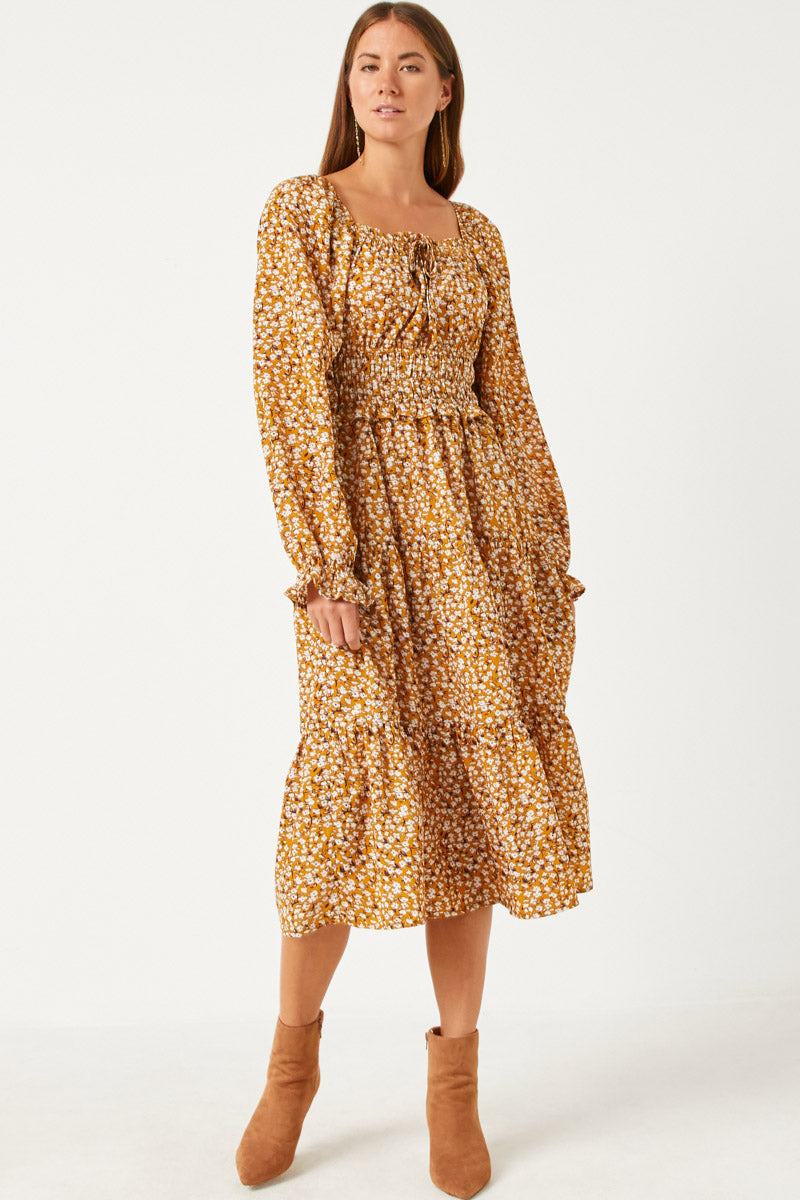 HY5441W MUSTARD Plus Smock Waist Square Neck Floral Midi Dress Side