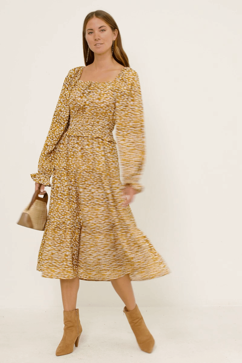 HY5441W MUSTARD Plus Smock Waist Square Neck Floral Midi Dress Full Body