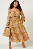 Smocked Waist Square Neck Floral Midi Dress