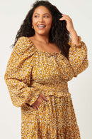 HY5441 MUSTARD Womens Smock Waist Square Neck Floral Midi Dress Side