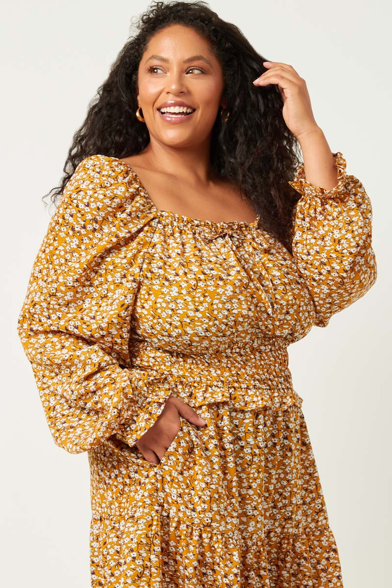 HY5441 MUSTARD Womens Smock Waist Square Neck Floral Midi Dress Side