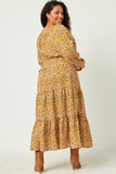 HY5441 MUSTARD Womens Smock Waist Square Neck Floral Midi Dress Detail