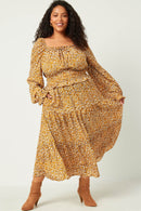 HY5441 MUSTARD Womens Smock Waist Square Neck Floral Midi Dress Back