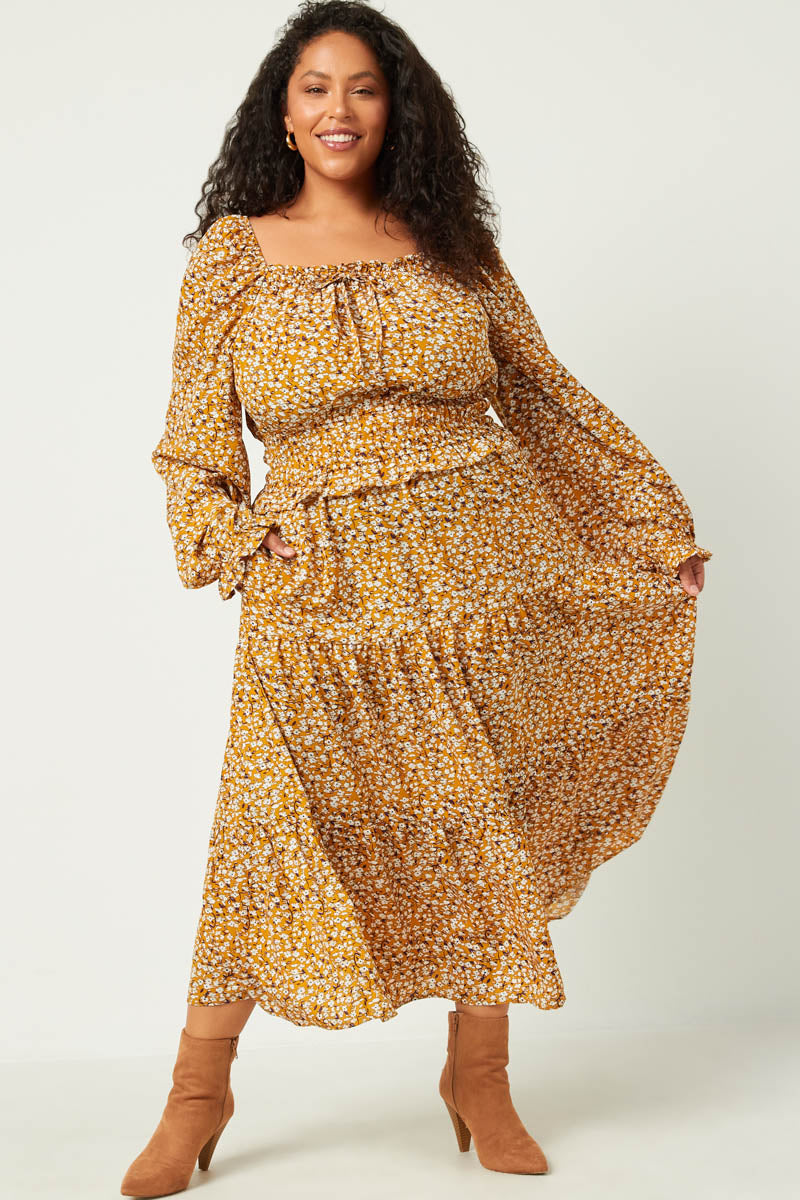 HY5441 MUSTARD Womens Smock Waist Square Neck Floral Midi Dress Back