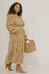 HY5441 Mustard Womens Smock Waist Square Neck Floral Midi Dress Gif