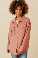 HY5449 MAUVE Womens Corduroy Patch Pocket Button Up Shirt Front
