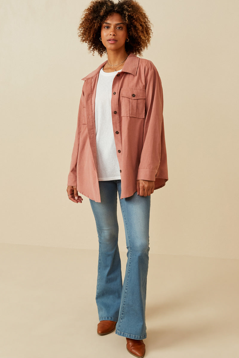 HY5449 MAUVE Womens Corduroy Patch Pocket Button Up Shirt Side