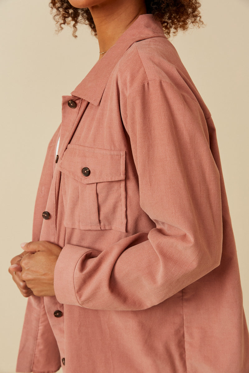 HY5449 MAUVE Womens Corduroy Patch Pocket Button Up Shirt Back