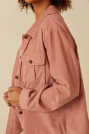 HY5449 MAUVE Womens Corduroy Patch Pocket Button Up Shirt Back