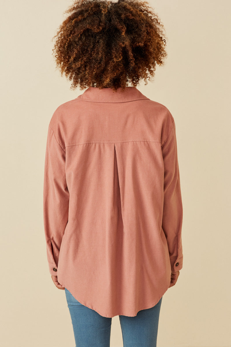 HY5449 MAUVE Womens Corduroy Patch Pocket Button Up Shirt Front 2